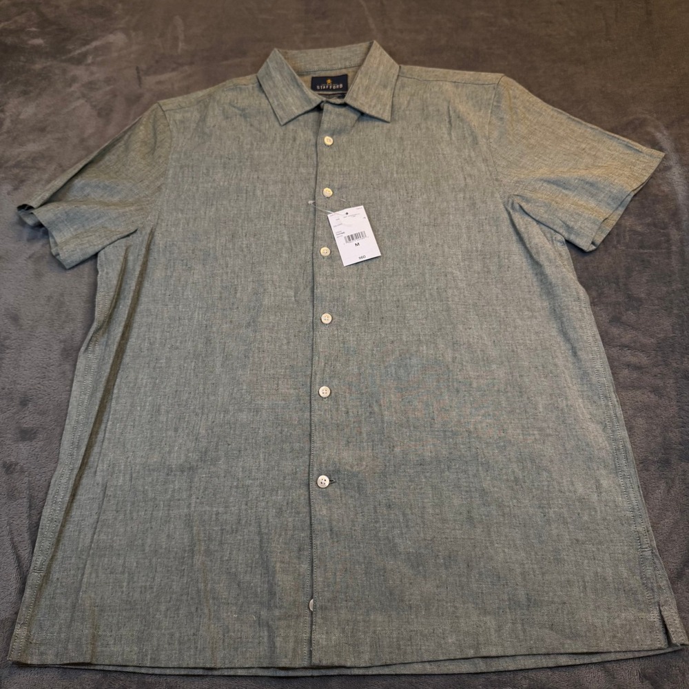 Stafford Linen Blend Short Sleeve Button Up Shirt Thyme Green Mens Medium NWT